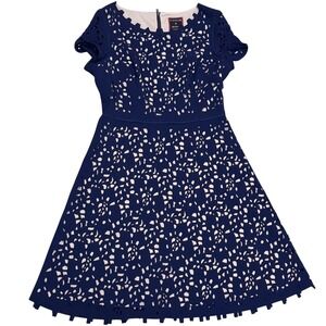 Focus by Shani Fit‎ & Flare Dress 10 Navy Blue Excellent Laser Cut Short Sleeve